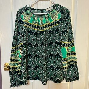 LOFT Medium Long Sleeve Vibrant Green Geometric Floral Paisley Print Blouse